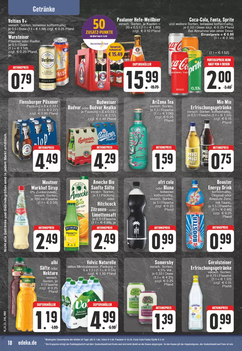 Aktueller Prospekt Edeka - Angebote der Woche - von 17.04 bis 22.04.2023 - strona 18 - produkty: Afri Cola, aktionspreis, amecke, bier, bio, budweiser, coca-cola, cola, drink, eis, energy drink, ente, erfrischungsgetränk, erfrischungsgetränke, fanta, flasche, gerolsteine, gerolsteiner, getränk, getränke, gin, Hefe, LG, limette, limetten, Mautner, Mett, metten, Nektar, oder radler, Paula, paulaner, pils, pilsener, radler, reis, rel, saft, säfte, sirup, sprite, steiner, tee, Ti, veltins, volvic, warsteiner, ZTE, zucker