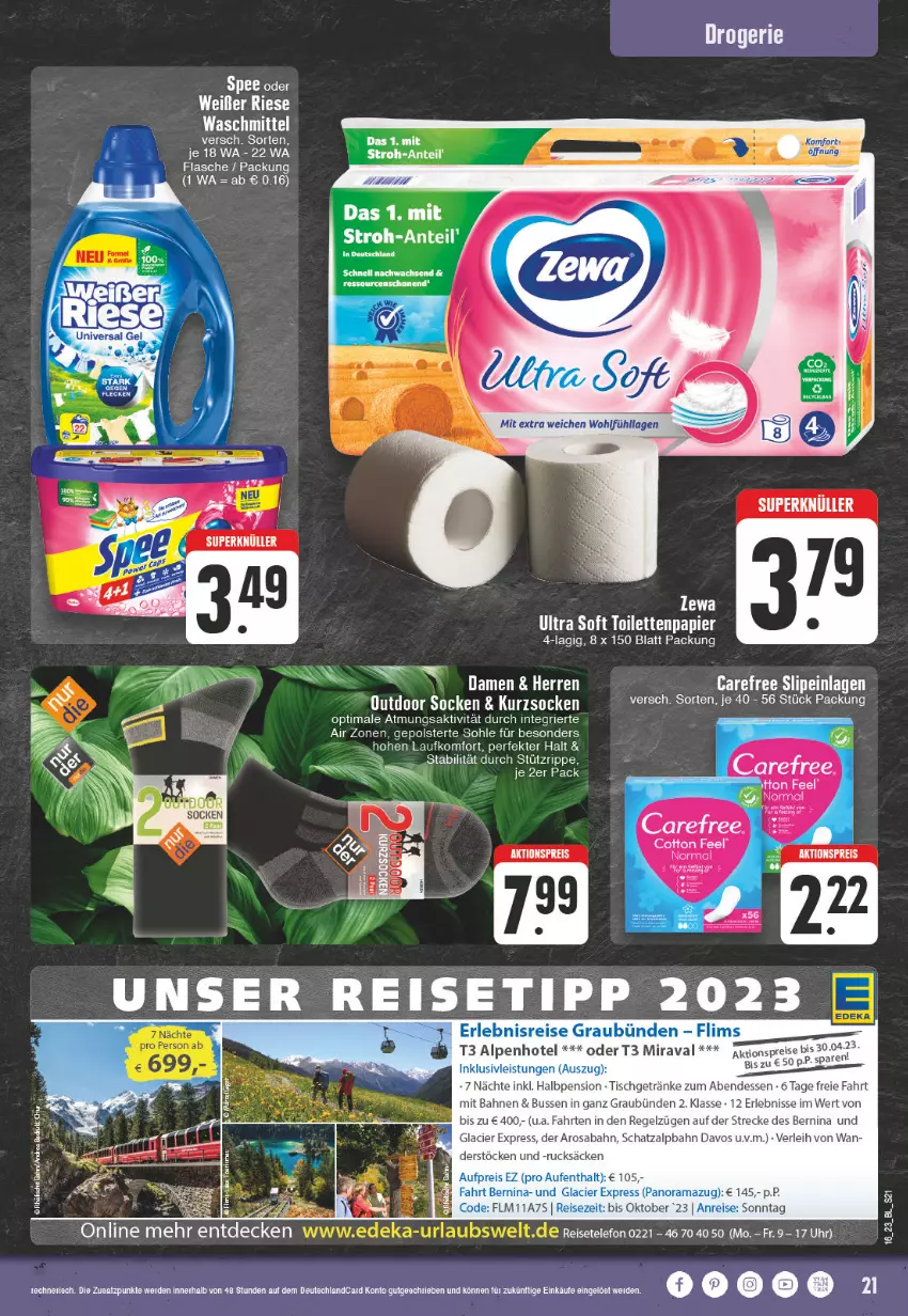 Aktueller Prospekt Edeka - Angebote der Woche - von 17.04 bis 22.04.2023 - strona 21 - produkty: aktionspreis, Bad, carefree, deutschlandcard, eis, erde, flasche, getränk, getränke, papier, reis, slip, slipeinlagen, spee, telefon, Ti, tisch, toilettenpapier, uhr, waschmittel