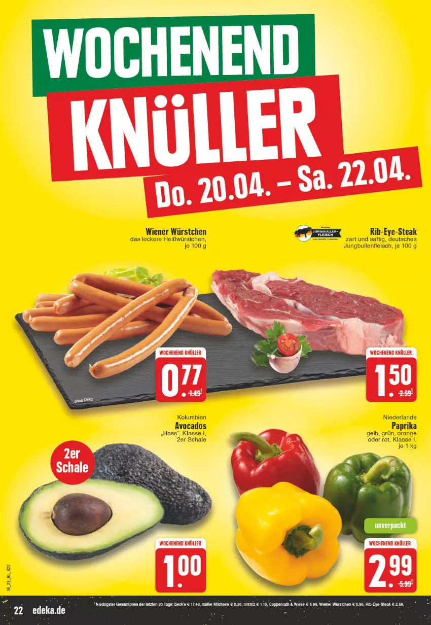 Aktueller Prospekt Edeka - Angebote der Woche - von 17.04 bis 22.04.2023 - strona 22 - produkty: avocado, avocados, eis, fleisch, jungbullen, orange, paprika, saft, Schal, Schale, steak, Ti, wiener, wiener würstchen, würstchen