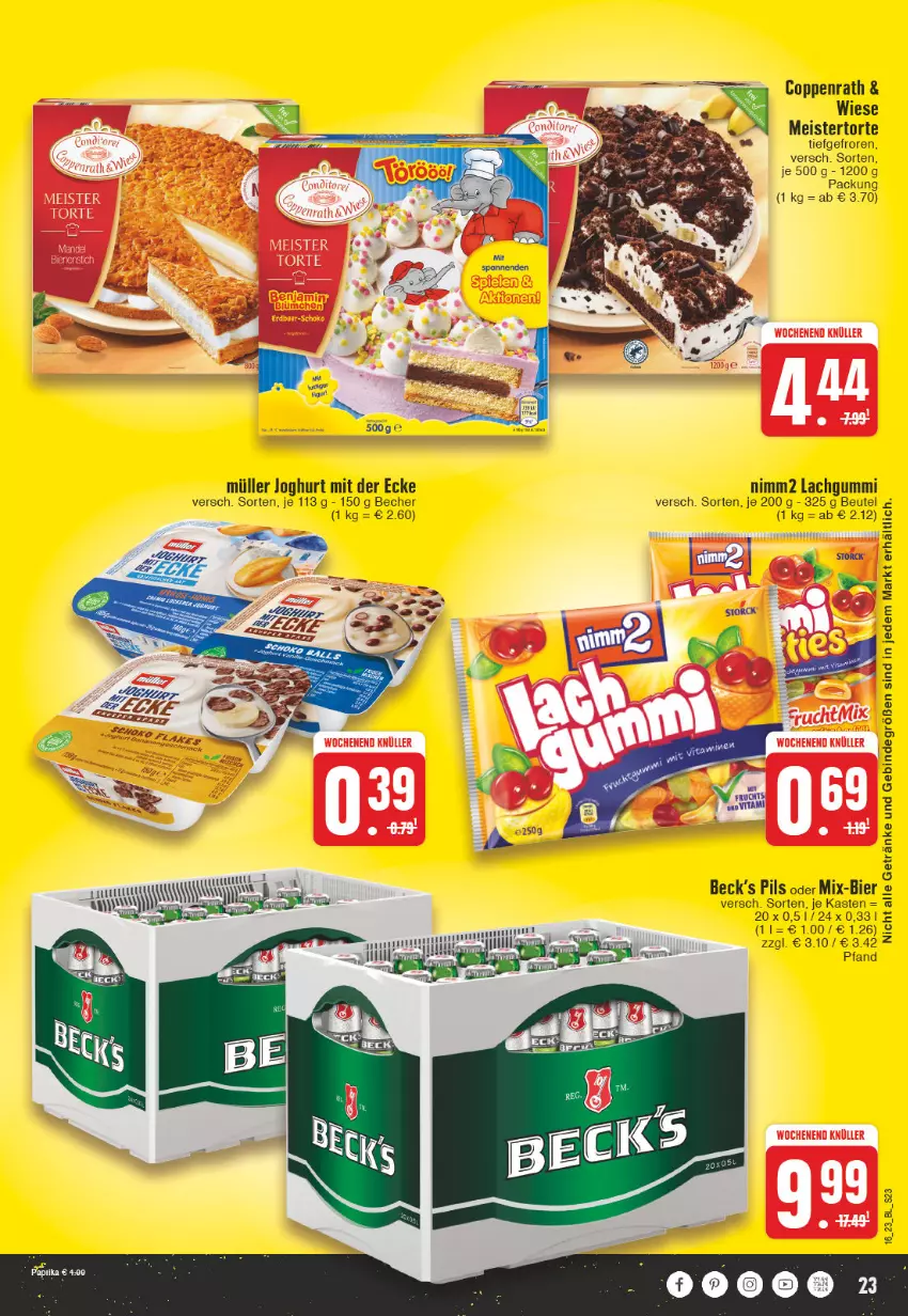 Aktueller Prospekt Edeka - Angebote der Woche - von 17.04 bis 22.04.2023 - strona 23 - produkty: Becher, beutel, bier, coppenrath, eis, frucht, getränk, getränke, joghur, joghurt, joghurt mit der ecke, lachgummi, Meister, Müller, nimm2, pils, storck, Ti, torte, vita