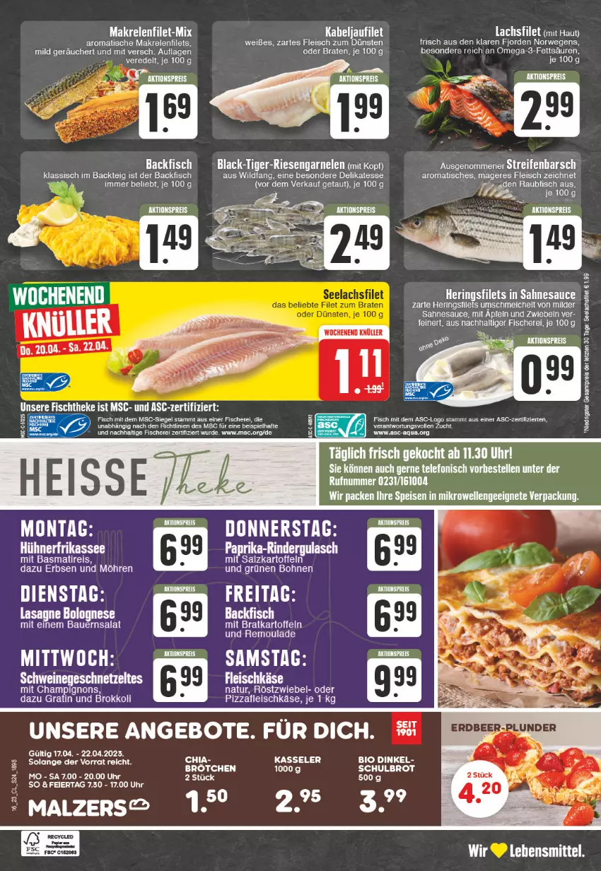 Aktueller Prospekt Edeka - Angebote der Woche - von 17.04 bis 22.04.2023 - strona 24 - produkty: aktionspreis, angebot, angebote, aqua, backfisch, basmati, bio, bohne, bohnen, braten, brokkoli, brot, brötchen, champignon, champignons, chia, eier, eis, elle, ente, erbsen, filet, filets, fisch, fische, Fischer, fischtheke, fleisch, fleischkäse, garnelen, geschnetzeltes, gulasch, hühner, kabeljaufilet, kartoffel, kartoffeln, Käse, lachs, lachsfilet, lack, Makrele, Makrelenfilets, malz, möhren, natur, nerf, omega, Omega-3, paprika, pizza, Plunder, reifen, reis, rel, remoulade, riesengarnelen, rind, rinder, rindergulasch, rwe, sahne, sauce, Schere, schwein, schweine, seelachsfilet, telefon, Ti, tisch, uhr, wein, weine, Wild, Zelt, ZTE, zwiebel, zwiebeln