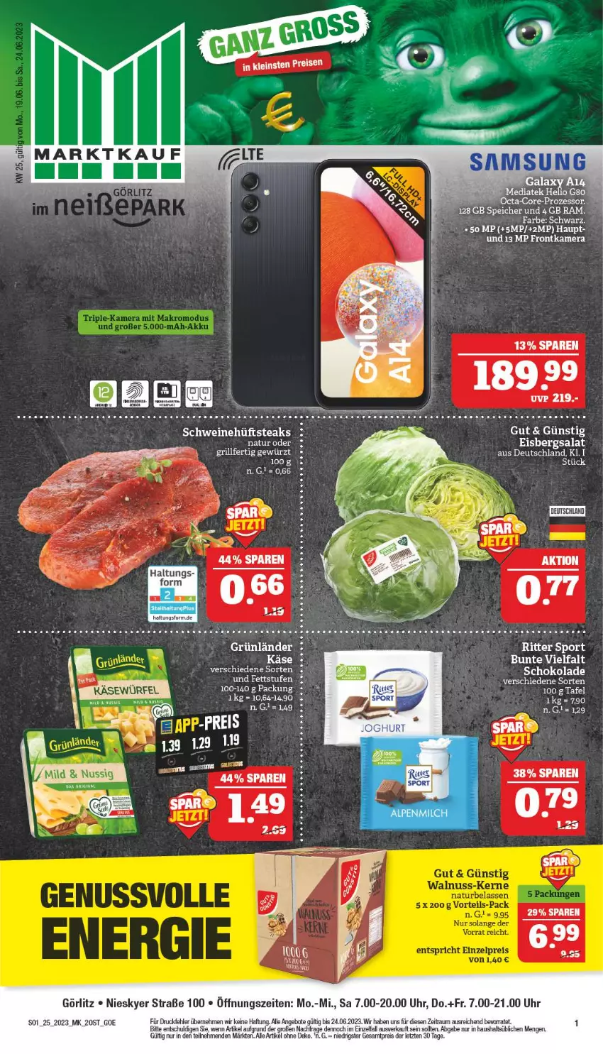 Aktueller Prospekt Marktkauf - Prospekt - von 18.06 bis 24.06.2023 - strona 1 - produkty: angebot, angebote, eis, eisbergsalat, frontkamera, grünländer, hüftsteak, hüftsteaks, kamera, Käse, reis, ritter, ritter sport, salat, schoko, schokolade, schwein, schweine, Sport, steak, steaks, Ti, uhr, wein, weine, ZTE