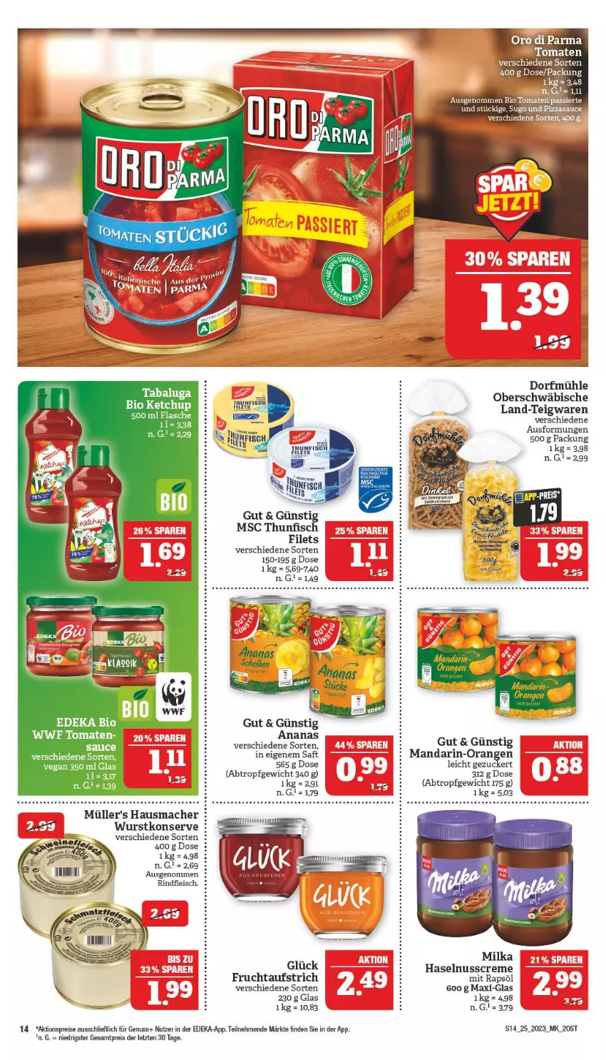 Aktueller Prospekt Marktkauf - Prospekt - von 18.06 bis 24.06.2023 - strona 14 - produkty: aktionspreis, ananas, aufstrich, bio, creme, deka, eis, filet, filets, fleisch, frucht, fruchtaufstrich, haselnuss, Haselnusscreme, Hausmacher, mac, mandarin-orangen, milka, Müller, nuss, orange, orangen, rapsöl, reis, rind, rindfleisch, saft, sauce, Sugo, teigwaren, Ti, wurst, ZTE, zucker