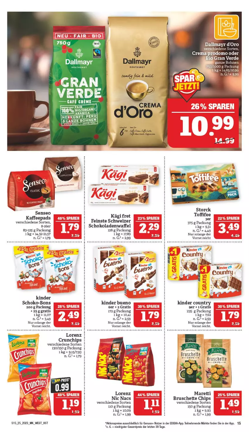 Aktueller Prospekt Marktkauf - Prospekt - von 18.06 bis 24.06.2023 - strona 15 - produkty: aktionspreis, Bruschette, chips, cin, dallmayr, deka, eis, kaffee, kaffeepads, Kägi, Kinder, kinder bueno, kinder country, lorenz, nuss, prodomo, reis, schoko, schoko-bons, schokolade, schokoladen, senseo, Ti, ZTE