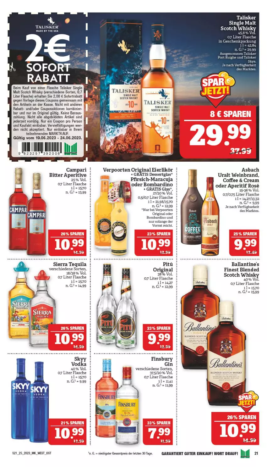 Aktueller Prospekt Marktkauf - Prospekt - von 18.06 bis 24.06.2023 - strona 21 - produkty: aperitif, ball, Ballantine's, campari, coupon, coupons, dessert, eier, eierlikör, eis, finsbury, flasche, geschenkpackung, gin, likör, maracuja, pfirsich, reis, scotch, scotch whisky, Sierra, sierra tequila, single malt, skyy, sofortrabatt, tequila, Ti, verpoorten, vodka, wein, weinbrand, whisky, ZTE