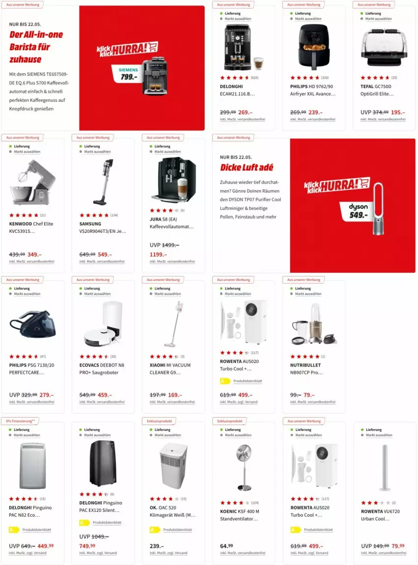 Aktueller Prospekt Media Markt - Prospekte - von 12.05 bis 19.05.2022 - strona 15 - produkty: Airfryer, auto, delonghi, Dyson, Jura, kaffee, kaffeegenuss, kaffeevollautomat, klimagerät, koenic, Luftreiniger, ndk, nuss, Philips, pingui, reiniger, rowenta, Samsung, Saugroboter, siemens, standventilator, tefal, Ti, ventilator, versandkostenfrei