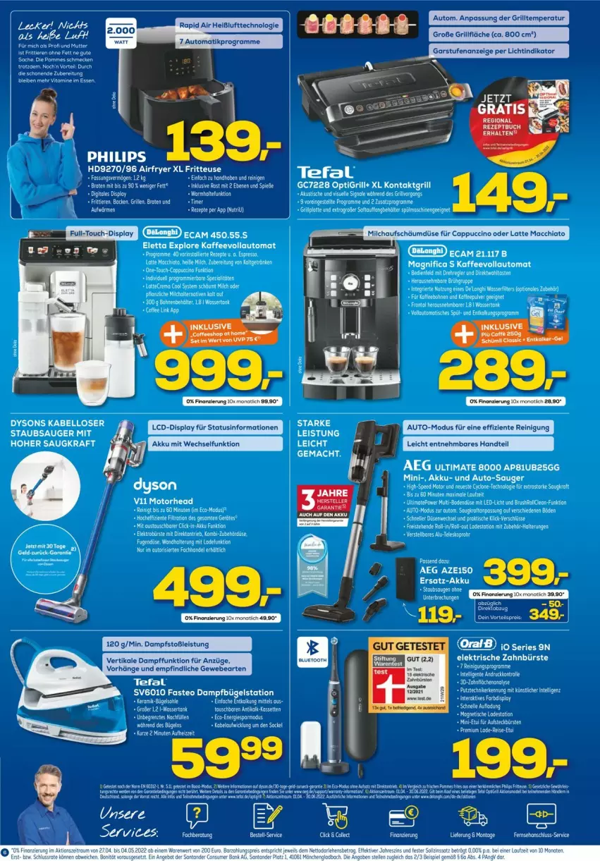 Aktueller Prospekt Euronics - Prospekte - von 27.04 bis 04.05.2022 - strona 6 - produkty: ACC, aeg, Airfryer, auto, Bau, bier, brot, bügel, Bügelstation, Cap, cappuccino, chia, cin, dampfbügelstation, delonghi, Dyson, eis, elle, ente, espresso, fritteuse, grill, grillfläche, kaffee, kaffeevollautomat, kontaktgrill, kraft, latte, latte macchiato, led-licht, mac, macchiato, milch, Reinigung, rezept, rezepte, ritter, Signal, staubsauger, tee, tefal, Teleskop, Ti, tisch, wasser, wasserfilter