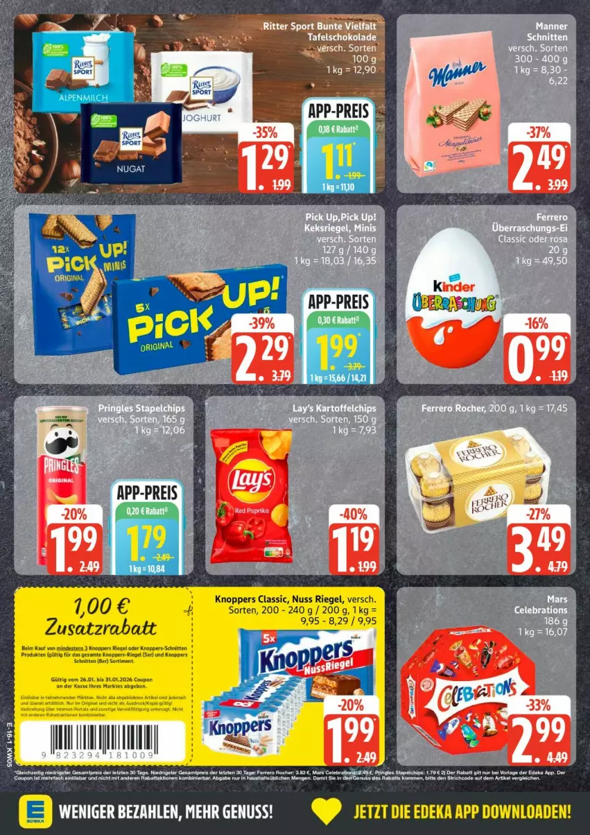 Aktueller Prospekt Edeka - Prospekte - von 26.01 bis 31.01.2026 - strona 18 - produkty: bier, chips, deka, eis, ferrero, Ferrero Rocher, keks, knoppers, Manner, mars, nuss, pringles, reis, riegel, ring, schnitten, tee, Ti, ZTE