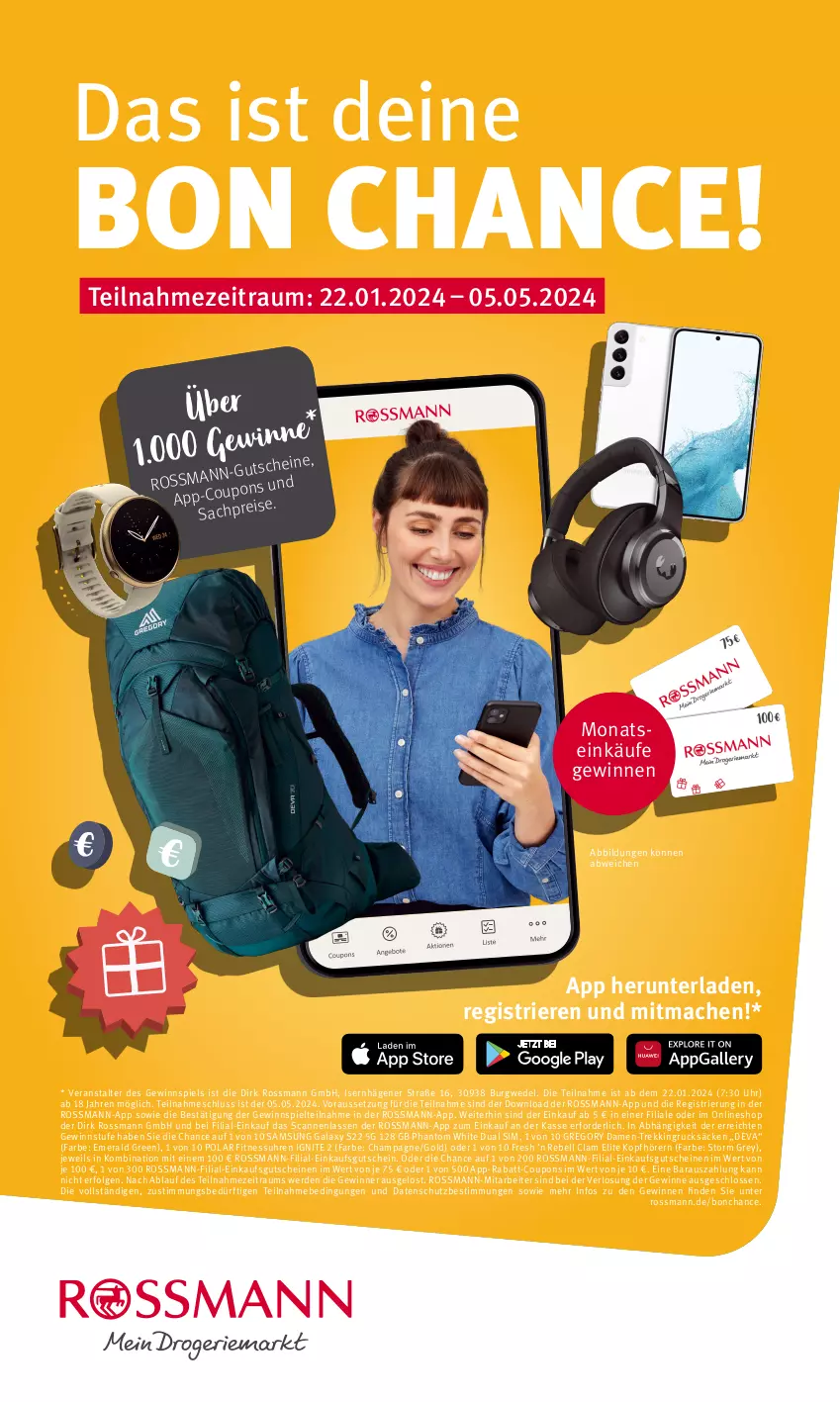 Aktueller Prospekt Rossmann - Prospekte - von 22.01 bis 05.05.2024 - strona 1 - produkty: champagne, coupon, coupons, Dual SIM, eis, erde, gewinnspiel, gutschein, gutscheine, HP, kopfhörer, LG, mac, rabatt-coupon, rebell, reis, sac, Samsung, samsung galaxy, Samsung Galaxy S, sim, Ti, uhr, wedel