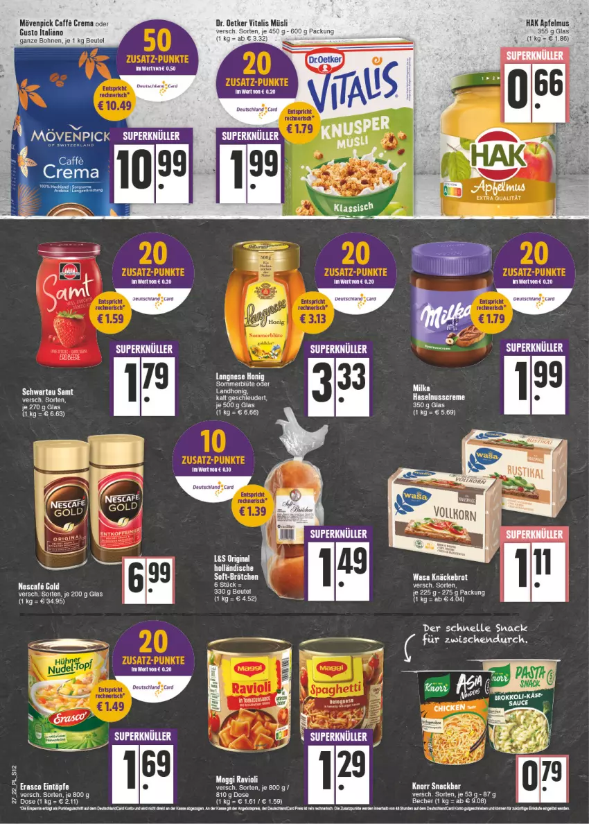 Aktueller Prospekt E Center - Angebote der Woche - von 04.07 bis 09.07.2022 - strona 12 - produkty: apfel, apfelmus, Becher, beere, beutel, Blüte, bohne, bohnen, brot, caffe, creme, eintöpfe, elle, erasco, erdbeere, gin, haselnuss, Haselnusscreme, honig, knäckebrot, knorr, langnese, mövenpick, müsli, nescafe, nuss, Schwartau, snack, tee, vita, vitalis, vitalis müsli, wasa