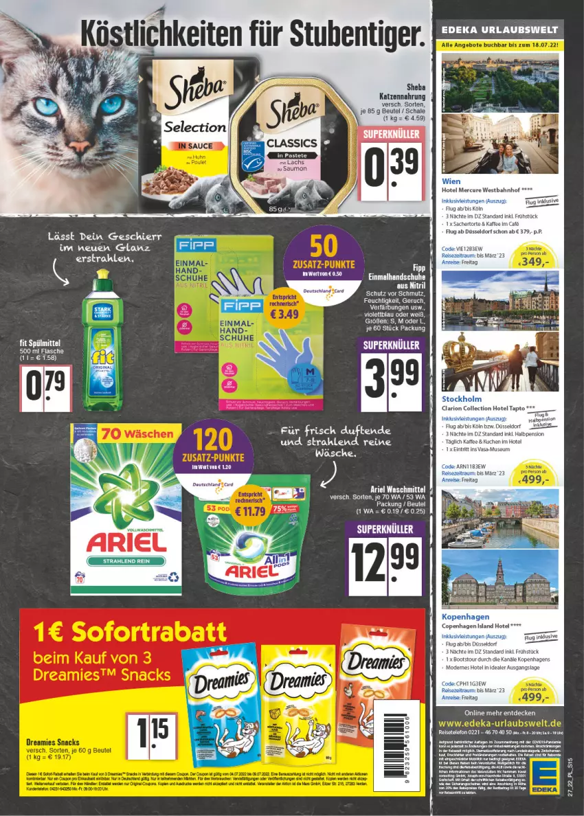 Aktueller Prospekt E Center - Angebote der Woche - von 04.07 bis 09.07.2022 - strona 15 - produkty: ariel, ariel waschmittel, beutel, buch, decke, deka, eis, flasche, handschuhe, kaffee, katzennahrung, kuchen, lachs, mab, mars, Mode, rama, reis, sac, Schal, Schale, schuhe, sheba, telefon, Ti, torte, waschmittel