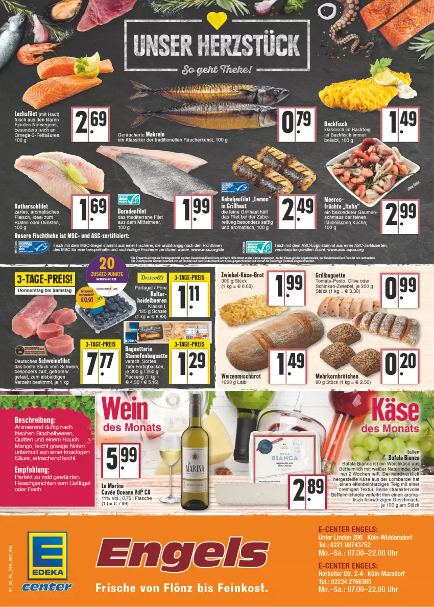 Aktueller Prospekt E Center - Angebote der Woche - von 04.07 bis 09.07.2022 - strona 16 - produkty: aldi, aqua, backfisch, baguette, beere, beeren, braten, brot, brötchen, Dorade, eis, elle, feinkost, filet, fisch, fische, Fischer, flasche, fleisch, Geflügel, grill, heidelbeere, heidelbeeren, kabeljaufilet, Käse, korn, küche, lachs, lachsfilet, mac, Makrele, mango, mehrkornbrötchen, milch, natur, Ofen, olive, omega, Omega-3, pesto, rel, rind, Rotbarsch, rotbarschfilet, saft, Schal, Schale, Schere, schinken, schwein, Stachelbeeren, steinofen, tee, Ti, tisch, tomate, uhr, weichkäse, wein, weizenmischbrot, zwiebel