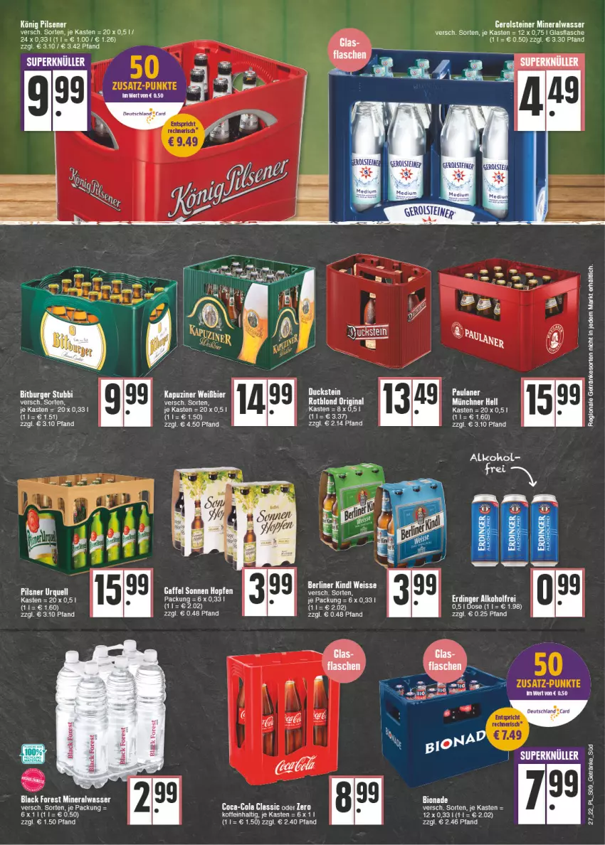 Aktueller Prospekt E Center - Angebote der Woche - von 04.07 bis 09.07.2022 - strona 9 - produkty: alkohol, Alwa, berliner, bier, bio, bionade, black forest, coca-cola, cola, deutschland card, Duck, eis, ente, flasche, gerolsteine, gerolsteiner, getränk, getränke, gin, glasflasche, lack, mineralwasser, steiner, Ti, wasser