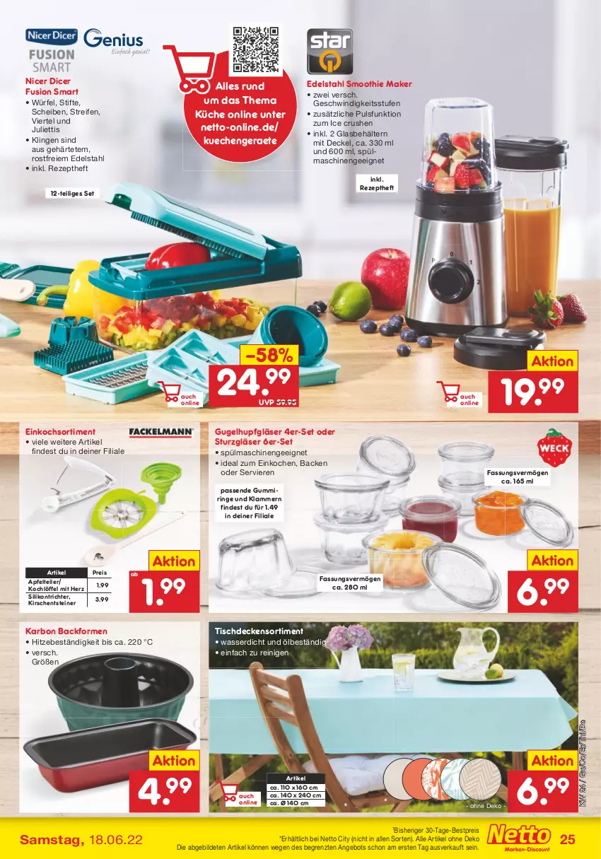 Aktueller Prospekt Netto Marken-Discount - Filial-Angebote - von 13.06 bis 18.06.2022 - strona 25 - produkty: angebot, apfel, Backform, Behälter, bestpreis, decke, Deckel, edelstahl, eis, Gläser, kirsch, kirsche, kirschen, Klammern, Kochlöffel, küche, lamm, Löffel, reifen, reis, rezept, ring, smoothie, spülmaschinen, steiner, stifte, Ti, tisch, tischdecke, wasser, würfel, ZTE