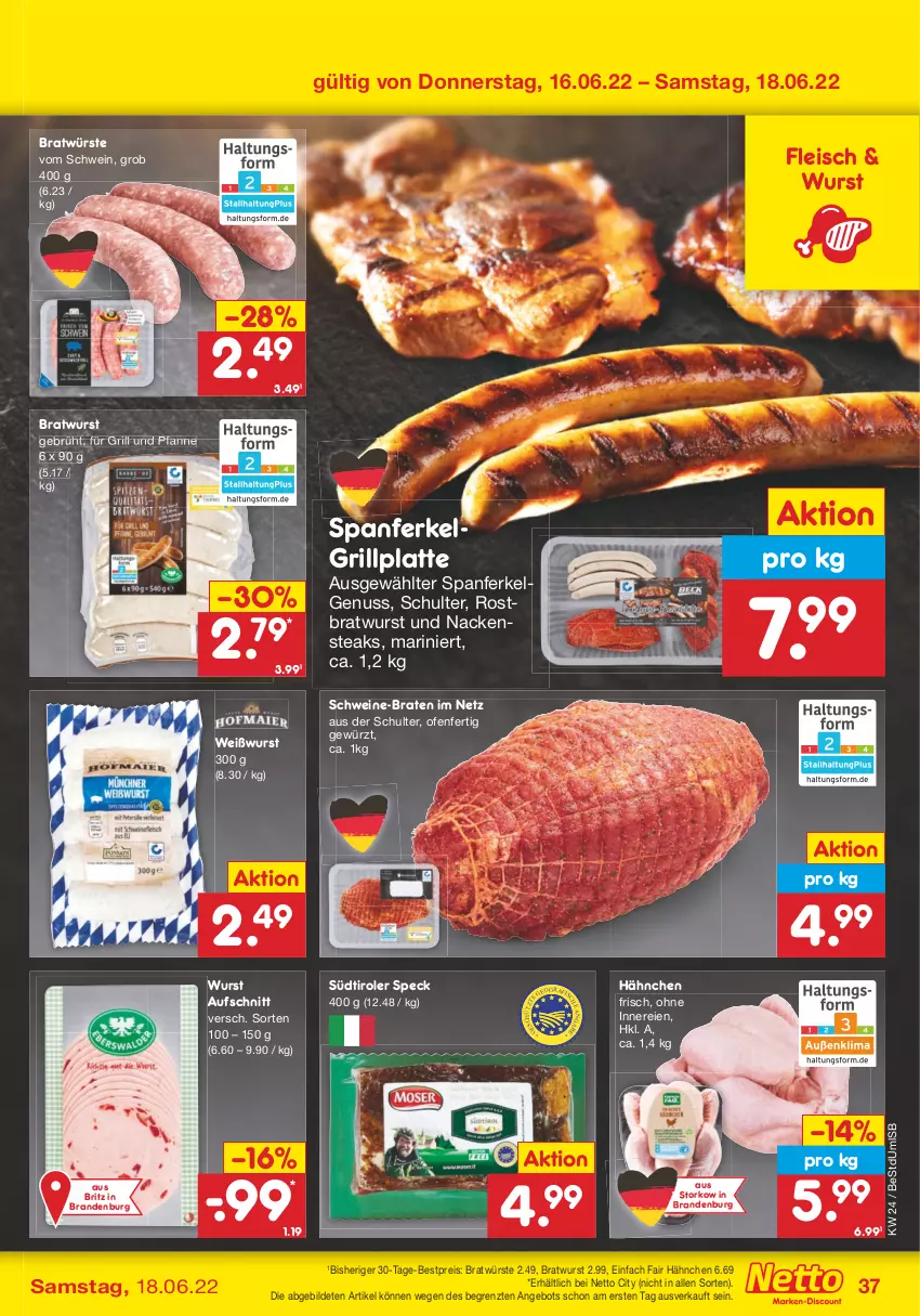 Aktueller Prospekt Netto Marken-Discount - Filial-Angebote - von 13.06 bis 18.06.2022 - strona 37 - produkty: angebot, aufschnitt, bestpreis, braten, bratwurst, eis, fleisch, für grill und pfanne, gewürz, grill, grill und pfanne, grillplatte, latte, LG, Nackensteak, nackensteaks, nuss, Ofen, pfanne, reis, rostbratwurst, schwein, schweine, Speck, steak, steaks, südtiroler, Ti, und pfanne, wein, weine, Weißwurst, wurst, ZTE