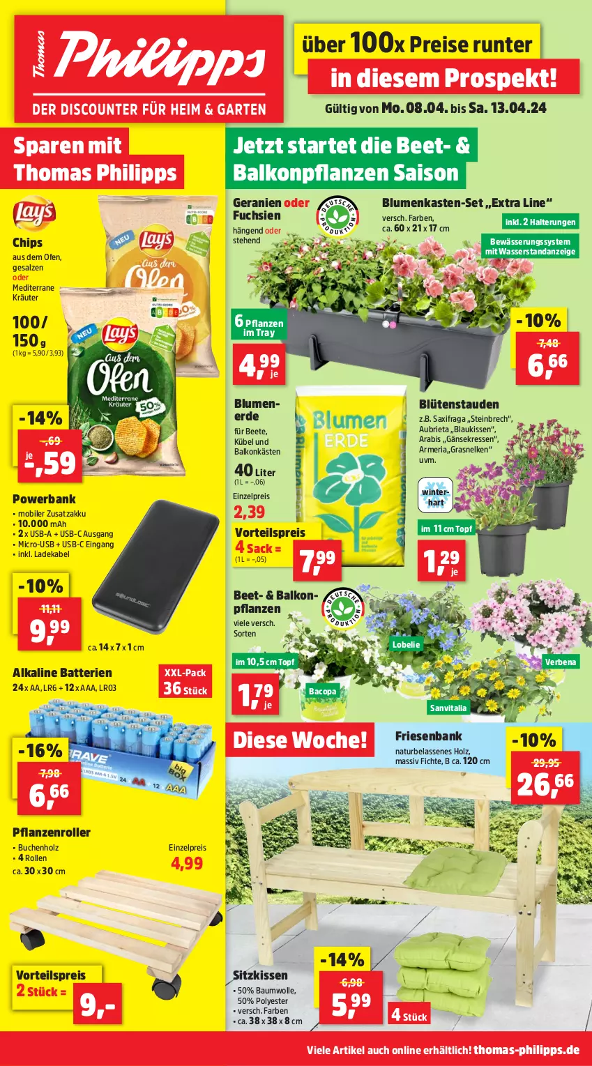 Aktueller Prospekt Thomas Philipps - von 08.04 bis 13.04.2024 - strona 1 - produkty: abis, akku, balkonpflanzen, Bank, batterie, batterien, Bau, baumwolle, blume, blumen, blumenerde, Blüte, Blütenstauden, brie, buch, chips, deka, eis, erde, geranie, geranien, Holz, kissen, kräuter, ladekabel, Lobelie, natur, Ofen, pflanze, pflanzen, powerbank, reis, Ria, Roller, sac, salz, sitzkissen, stauden, Ti, topf, usb, vita, vorteilspreis, wasser, wolle