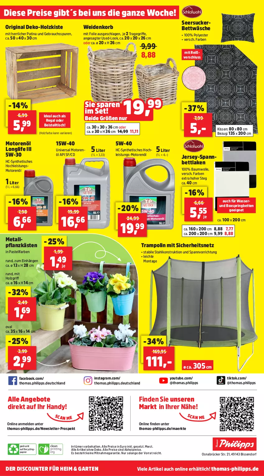 Aktueller Prospekt Thomas Philipps - von 08.04 bis 13.04.2024 - strona 20 - produkty: abholpreise, alle preise sind abholpreise, angebot, angebote, Bau, baumwolle, beistelltisch, bett, Betten, bettwäsche, boxspringbett, Clin, discount, eis, Garten, gin, Handy, Holz, kissen, korb, longlife, motorenöl, papier, Rauch, regal, reis, ring, seersucker, spannbettlaken, Ti, tisch, tragegriff, Trampolin, wasser, wolle, Yo