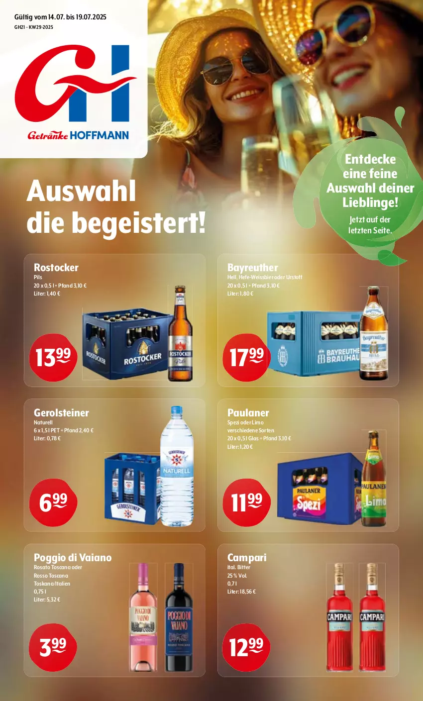 Aktueller Prospekt Getraenke Hoffmann - Prospekte - von 14.07 bis 19.07.2025 - strona 1 - produkty: bier, campari, decke, eis, gerolsteine, gerolsteiner, Hefe, limo, natur, Paula, paulaner, pils, rel, rosato, Rostocker, Spezi, steiner, Ti, weissbier, ZTE