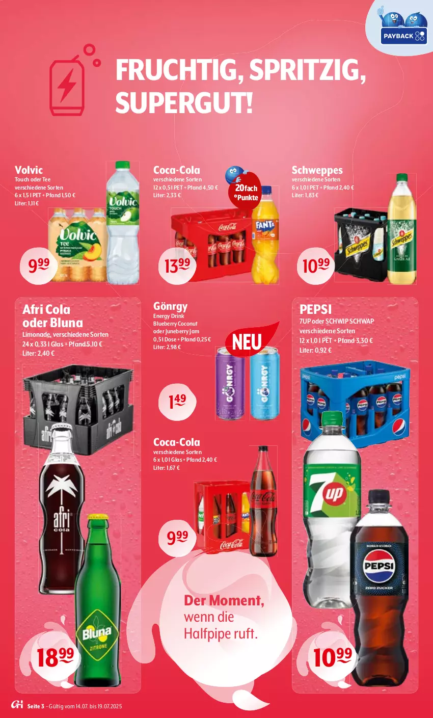 Aktueller Prospekt Getraenke Hoffmann - Prospekte - von 14.07 bis 19.07.2025 - strona 3 - produkty: 7UP, Afri Cola, blueberry, coca-cola, coconut, cola, drink, energy drink, frucht, limo, limonade, pepsi, schweppes, Schwip Schwap, tee, Ti, volvic