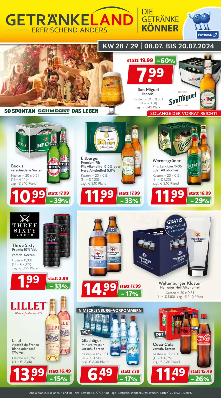 Aktueller Prospekt Getraenkeland - von 08.07 bis 20.07.2024 - strona 1 - produkty: aktionspreis, alkohol, Alwa, aperitif, beck's, bestpreis, bestpreise, bier, bitburger, burger, coca-cola, cola, eis, flasche, getränk, getränke, lillet, mineralwasser, pils, premium pils, reis, Three Sixty, Ti, wasser