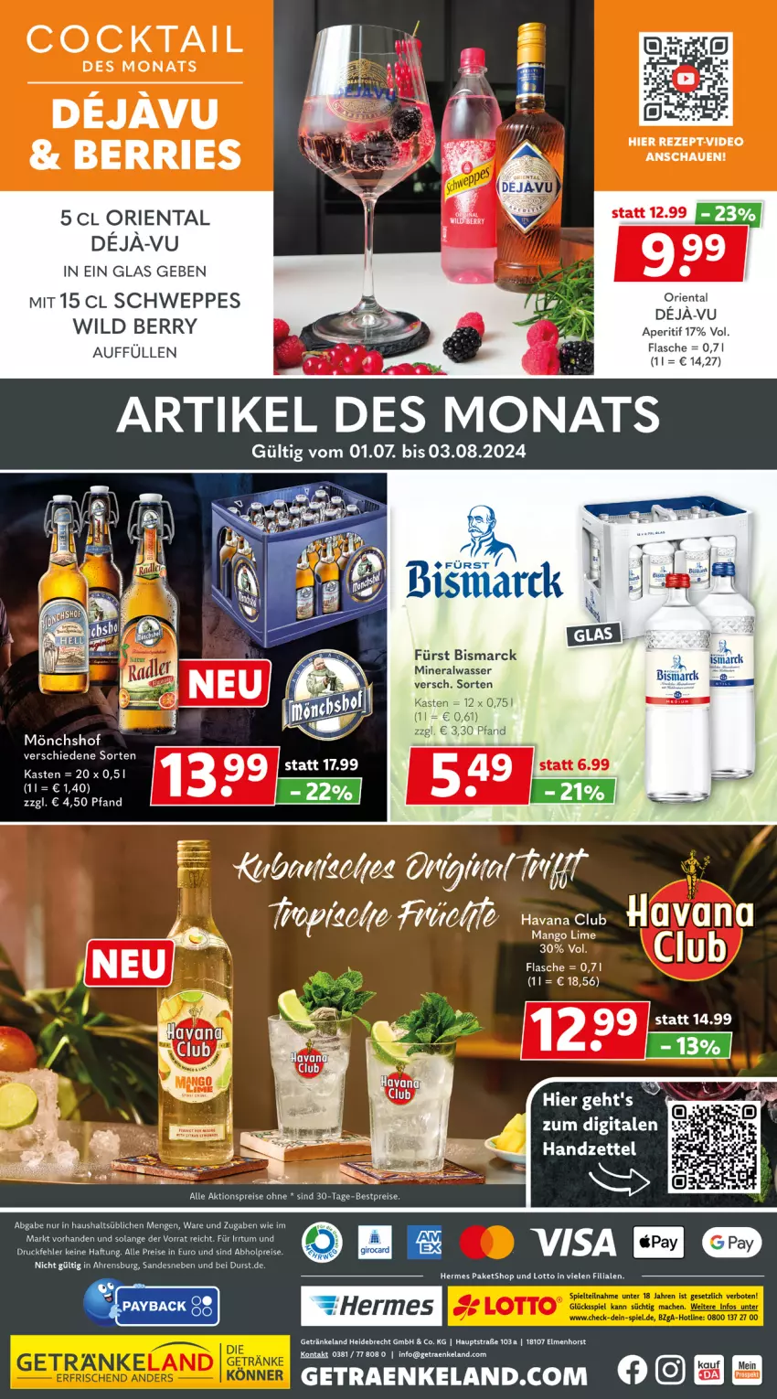 Aktueller Prospekt Getraenkeland - von 08.07 bis 20.07.2024 - strona 8 - produkty: abholpreise, aktionspreis, Alwa, aperitif, bestpreis, bestpreise, bismarck, cocktail, deo, eis, Elan, flasche, getränk, getränke, mineralwasser, mönchshof, reis, rezept, schweppes, Ti, wasser, Wild, wild berry