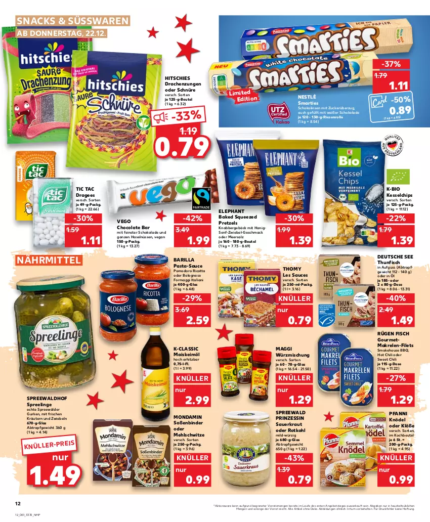 Aktueller Prospekt Kaufland - von 22.12 bis 28.12.2022 - strona 12 - produkty: angebot, auer, barilla, beutel, bio, bolognese, chili, chips, cola, eis, filet, filets, fisch, gurke, gurken, honig, hot chili, keimöl, Knödel, kochbeutel, Kraut, kräuter, kräutern, linsen, mac, maggi, mais, Makrele, meersalz, mehl, mondamin, nestlé, pasta, pasta-sauce, pfanni, Pretzel, rel, ricotta, rotkohl, salz, sauce, Sauerkraut, schoko, schokolade, Schokolinsen, senf, smarties, snack, snacks, Soße, spreewälder, spreewaldhof, süsswaren, thomy, thomy les sauces, thunfisch, Ti, ZTE, zucker, zwiebel, zwiebeln