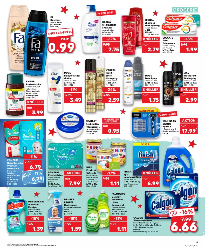 Aktueller Prospekt Kaufland - von 22.12 bis 28.12.2022 - strona 15 - produkty: allzweckreiniger, angebot, angebote, auer, axe, Bad, Badekristalle, bio, body, Bodymilk, bodyspray, Brei, calgon, colgate, colgate total, creme, deo, deodorant, dove, duschgel, eis, elnett, elvital, fa duschgel, feuchttücher, Finish, frucht, geschirr, geschirrspülmittel, gin, haarspray, hipp, kneipp, LG, limo, Lotion, Meister, meister proper, natur, olive, orchidee, palmolive, pampers, pampers baby dry, Pants, Pflegecreme, rasierer, Rasierklinge, rasierklingen, reiniger, salz, shampoo, shampoo oder spülung, spülmaschinen, spülmittel, spülung, Ti, tücher, vita, wasser, wasserenthärter, weck, wilkinson, windeln, zahncreme