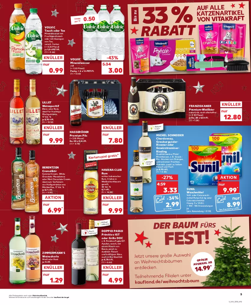 Aktueller Prospekt Kaufland - von 22.12 bis 28.12.2022 - strona 5 - produkty: alkohol, Alwa, angebot, angebote, aperitif, Bau, beere, berentzen, bier, bio, burgunder, caramel, chardonnay, cola, colorwaschmittel, creme, decke, doppio passo, eis, elle, fisch, fleisch, franziskaner, frucht, früchte, früchten, getränk, getränke, gewürz, grauburgunder, grill, grillo, hasseröder, Havana Club, kaffee, Kartenspiel, Käse, kraft, likör, lillet, mac, macadamia, mandel, mandeln, Michel Schneider, milch, mineralwasser, Mineralwasser Still, mint, mit frucht, natur, orange, orangen, passo, pils, premium pils, primitivo, qualitätswein, qualitätsweine, riesling, Rivaner, rotwein, rum, schorle, sunil, tee, Ti, vita, vitakraft, volvic, waschmittel, wasser, Weihnachtsbaum, wein, weine, weinschorle, Weißwein, white chocolate