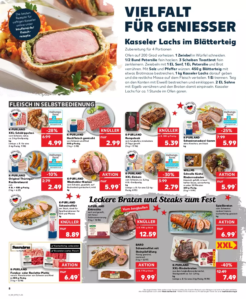 Aktueller Prospekt Kaufland - von 22.12 bis 28.12.2022 - strona 8 - produkty: angebot, angebote, besteck, blätterteig, braten, bratwurst, brot, buch, eis, elle, entrecôte, filet, fleisch, fleisch in selbstbedienung, Fondue, für grill und pfanne, geschirr, gewürz, gin, grill, grill und pfanne, hackfleisch, hackfleisch gemischt, Holz, ilag, jungbullen, kasseler, küche, Küchen, lachs, latte, leine, natur, Ofen, original thüringer, petersilie, pfanne, pfeffer, Pinsel, purland, rezept, rezepte, Ria, rind, rinder, rinderbraten, Rinderroulade, rinderrouladen, ring, rostbratwurst, rouladen, rum, rumpsteak, saft, sahne, salz, sauce, schwein, schwein und rind, schweine, schweinefilet, schweinenacken, senf, steak, steaks, teller, thüringer rostbratwurst, Ti, toast, Toastbrot, und pfanne, vom schweinenacken, wein, weine, würfel, wurst, zwiebel, zwiebeln