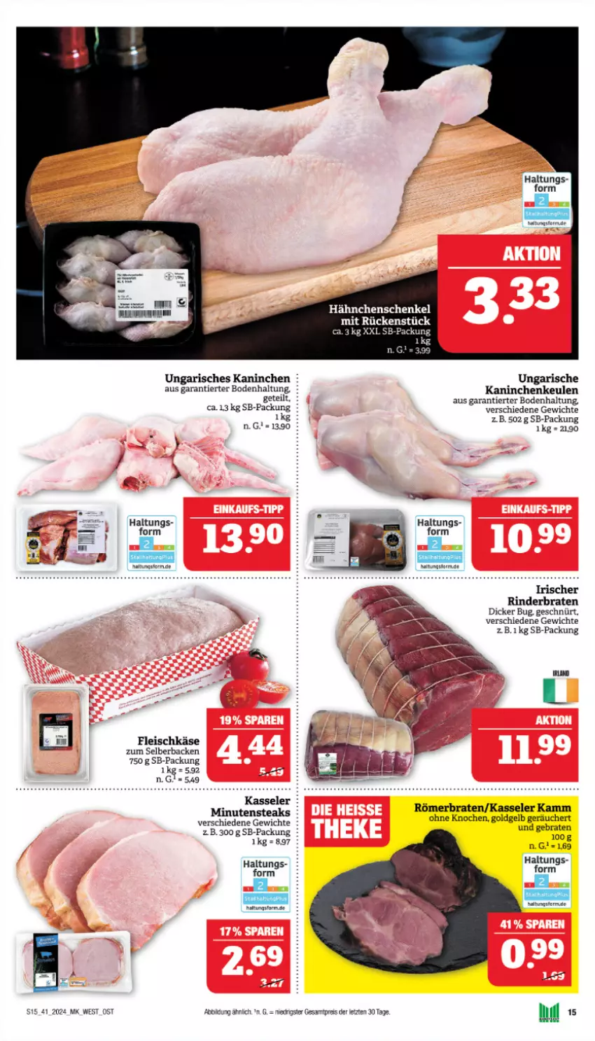 Aktueller Prospekt Marktkauf - Prospekt - von 06.10 bis 12.10.2024 - strona 15 - produkty: braten, eis, fleisch, fleischkäse, hähnchenschenkel, henkel, Kaninchenkeule, Käse, kasseler, minutensteaks, reis, rind, rinder, rinderbraten, schenkel, steak, steaks, Ti, ZTE