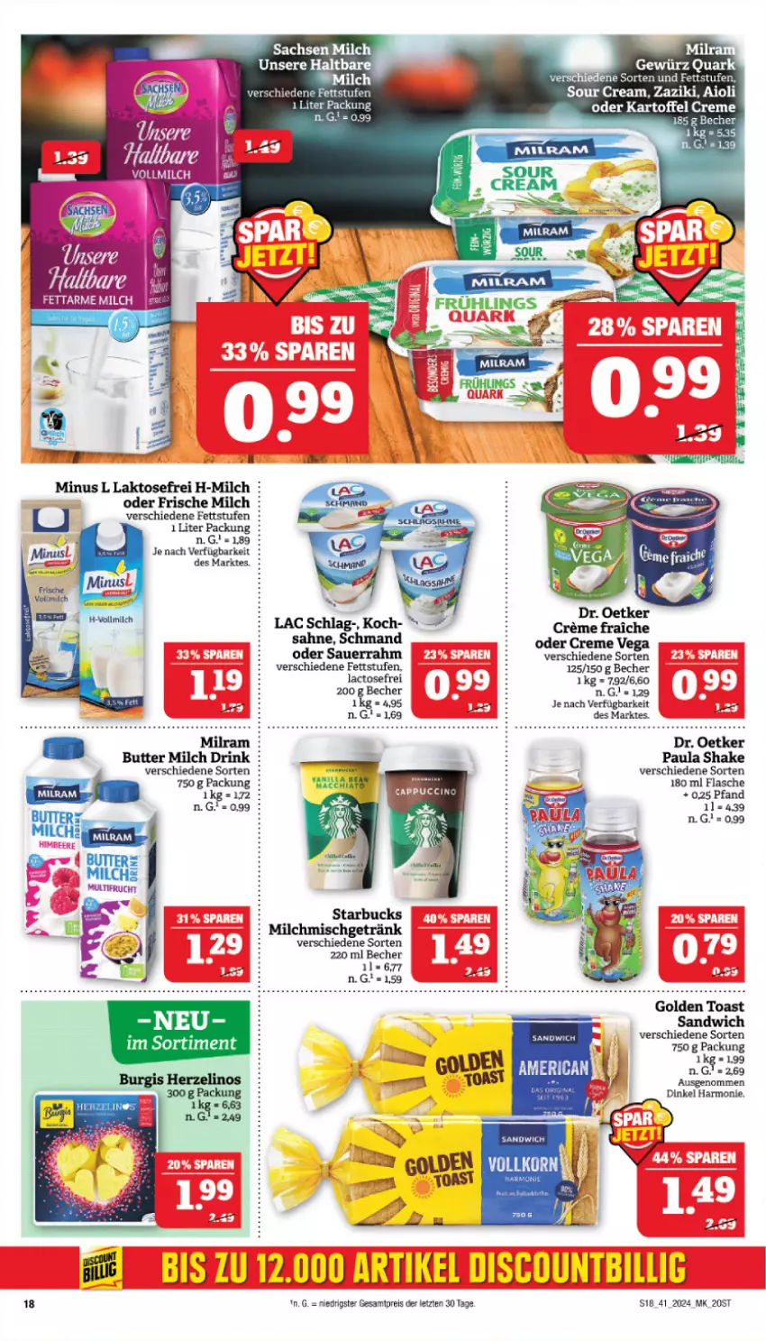 Aktueller Prospekt Marktkauf - Prospekt - von 06.10 bis 12.10.2024 - strona 18 - produkty: aioli, auer, Becher, butter, creme, Dr. Oetker, drink, eis, flasche, frische milch, frucht, getränk, gewürz, golden toast, haltbare milch, kartoffel, korn, milch, milram, Paula, quark, reis, sac, sahne, sandwich, Sauerrahm, schmand, shake, sour cream, starbucks, Ti, toast, zaziki, ZTE