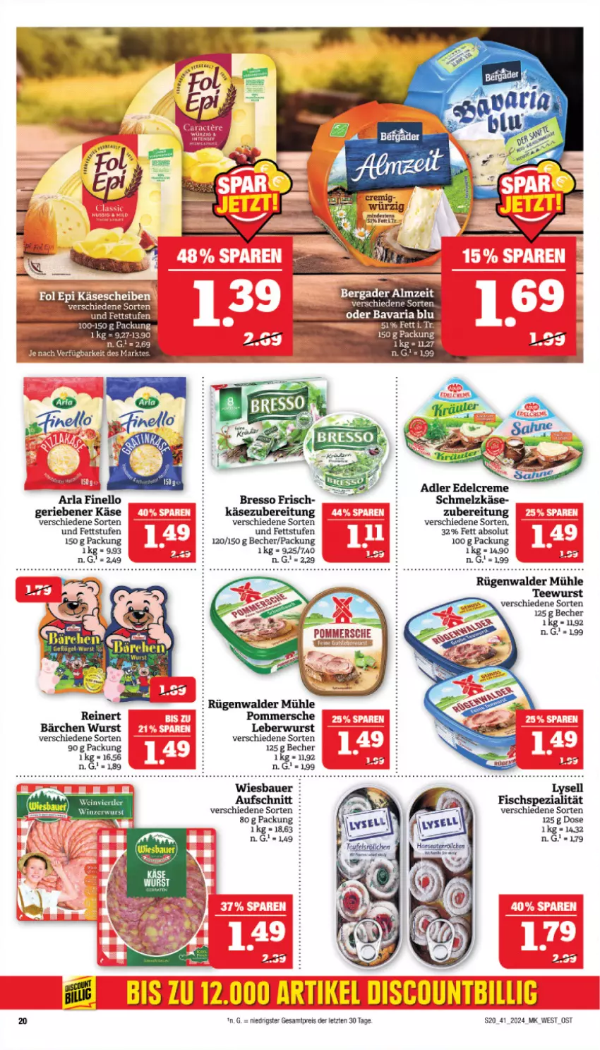 Aktueller Prospekt Marktkauf - Prospekt - von 06.10 bis 12.10.2024 - strona 20 - produkty: arla, auer, aufschnitt, Bau, Bauer, bavaria blu, Becher, bresso, discount, eis, finello, fisch, Käse, leberwurst, lysell, Pommersche, reinert, reis, rel, Ria, rügenwalder, rügenwalder mühle, Spezi, tee, teewurst, Ti, wiesbauer, wurst, ZTE