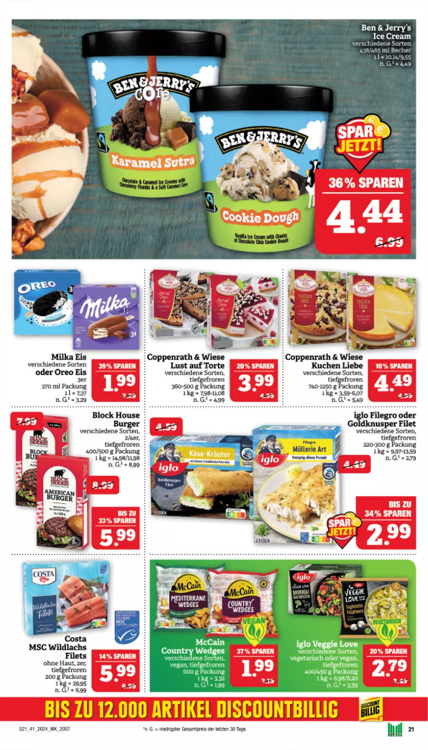 Aktueller Prospekt Marktkauf - Prospekt - von 06.10 bis 12.10.2024 - strona 21 - produkty: burger, coppenrath, discount, eis, filegro, filet, filets, iglo, kuchen, lachs, Lust auf Torte, Müller, müllerin art, oreo, reis, rum, Ti, torte, Vegeta, veggie, Veggie Love, Wild, wildlachs, ZTE