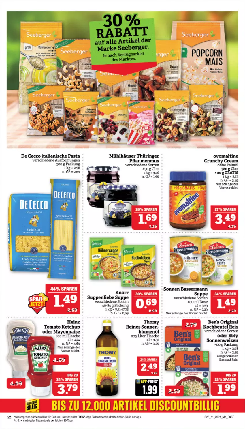 Aktueller Prospekt Marktkauf - Prospekt - von 06.10 bis 12.10.2024 - strona 22 - produkty: aktionspreis, basmati, Basmati Reis, blume, blumen, blumenöl, De Cecco, deka, ecco, eis, flasche, gin, heinz, italienische pasta, ketchup, knorr, LG, mühlhäuser, natur, nuss, ohne palmöl, ovomaltine, pasta, pflaume, pflaumen, pflaumenmus, popcorn, reis, ring, suppe, suppen, suppenliebe, thomy, Ti, tomato ketchup, ZTE