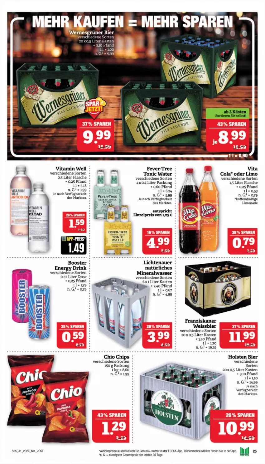 Aktueller Prospekt Marktkauf - Prospekt - von 06.10 bis 12.10.2024 - strona 25 - produkty: aktionspreis, Alwa, auer, bier, chio chips, chips, cola, deka, drink, eis, energy drink, fever-tree, flasche, franziskaner, holsten, lichtenauer, limo, limonade, mineralwasser, nuss, reis, Ti, tonic, tonic water, vita, Vita C, wasser, weissbier, ZTE