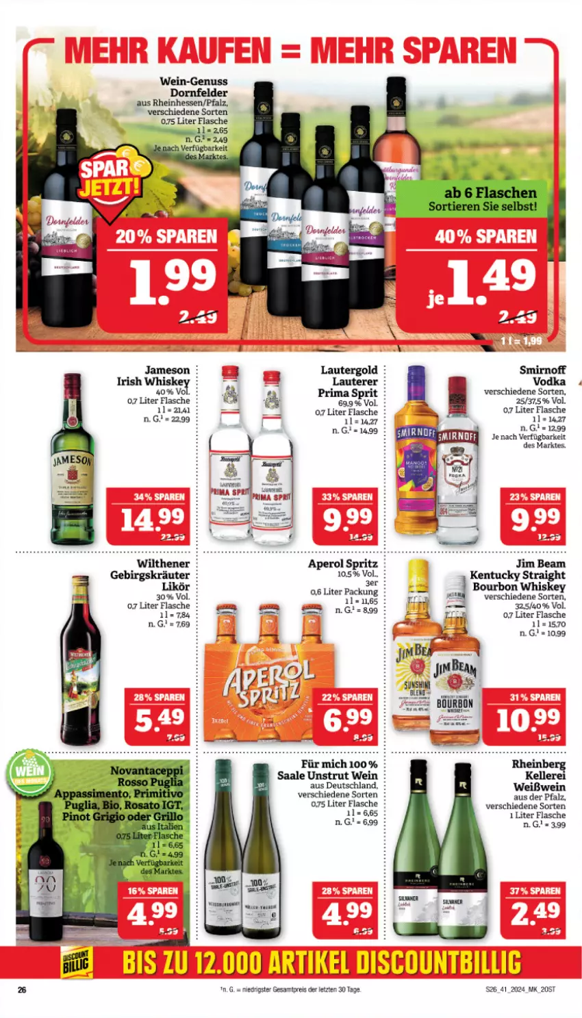 Aktueller Prospekt Marktkauf - Prospekt - von 06.10 bis 12.10.2024 - strona 26 - produkty: aperol, bourbon, bourbon whiskey, dornfelder, eis, elle, flasche, jameson, jim beam, kentucky straight, kräuter, likör, nuss, reis, silvaner, smirnoff, tuc, vodka, wein, Weißwein, whiskey, wilthener, ZTE