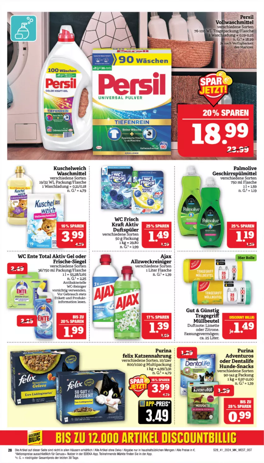 Aktueller Prospekt Marktkauf - Prospekt - von 06.10 bis 12.10.2024 - strona 28 - produkty: adventuros, ajax, aktionspreis, aktiv gel, allzweckreiniger, deka, eis, elle, ente, felix, flasche, katzennahrung, Kuschelweich, limette, Mett, nuss, purina, Rauch, reiniger, reis, rwe, snack, snacks, spülmittel, Ti, waschmittel, wc ente, wc-reiniger, weck, zitrone, ZTE