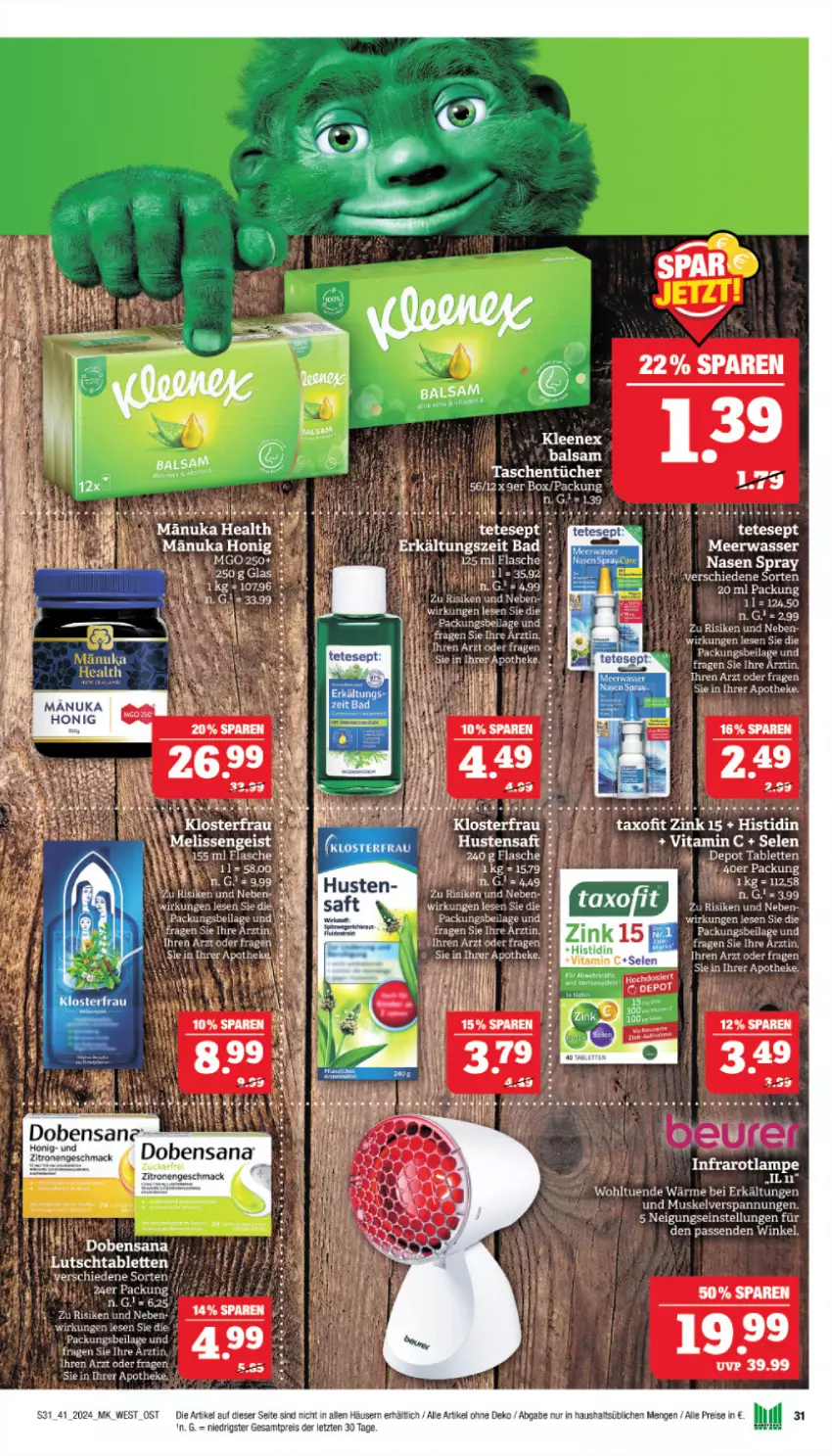 Aktueller Prospekt Marktkauf - Prospekt - von 06.10 bis 12.10.2024 - strona 31 - produkty: Apotheke, Bad, balsam, bett, eier, eis, elle, honig, Infrarotlampe, Lampe, Meerwasser, nuk, reis, sana, tablet, tablett, Tablette, Tasche, taschen, taschentücher, Taxofit, tee, Ti, tücher, vita, Vitamin C, wasser, Yo, ZTE