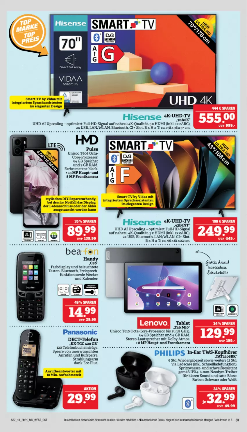 Aktueller Prospekt Marktkauf - Prospekt - von 06.10 bis 12.10.2024 - strona 37 - produkty: akku, buch, eis, ente, erde, frontkamera, Handy, HDMI, hisense, kamera, lack, lautsprecher, panasonic, reis, schnellladefunktion, Signal, tablet, tee, telefon, Ti, uhd, UHD-TV, usb, wasser, weck