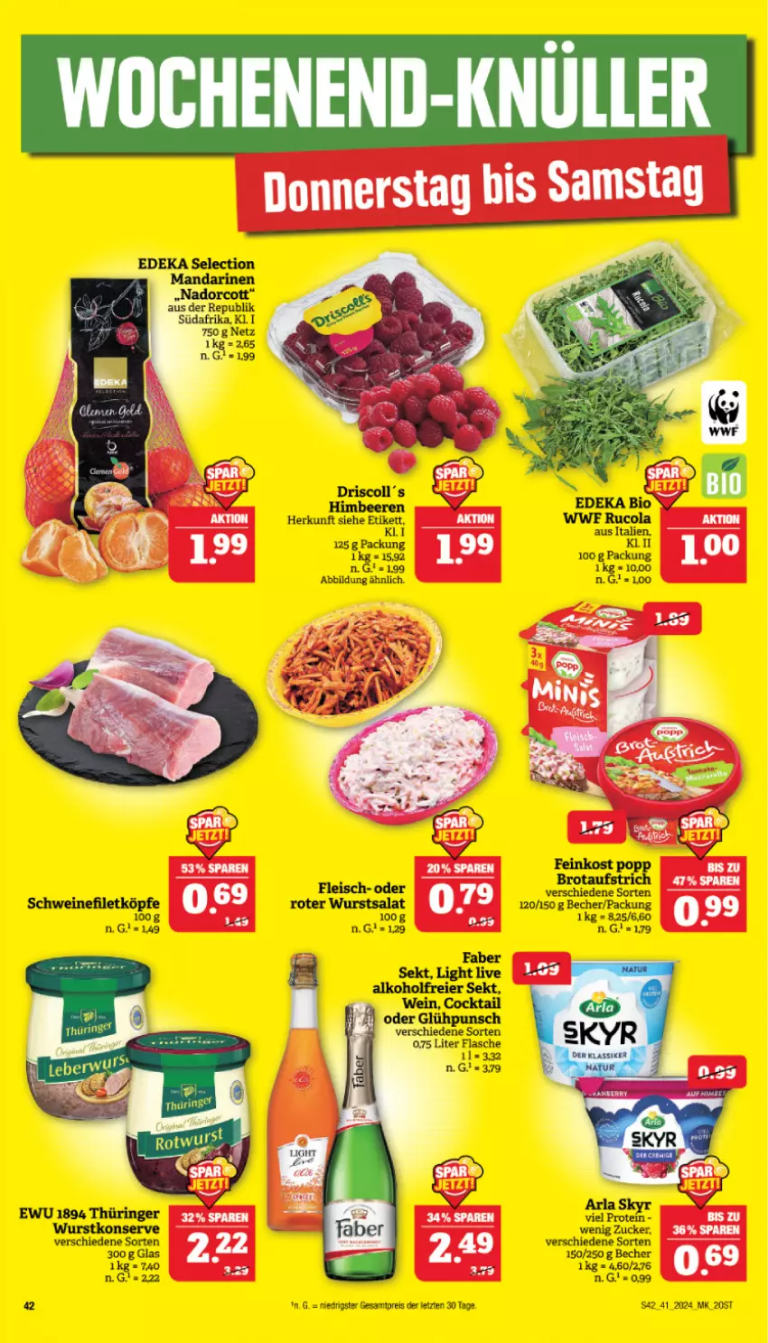 Aktueller Prospekt Marktkauf - Prospekt - von 06.10 bis 12.10.2024 - strona 42 - produkty: alkohol, arla, arla skyr, Becher, beere, beeren, cola, eier, eis, filet, fleisch, himbeer, himbeere, himbeeren, HP, reis, rucola, salat, schwein, schweine, schweinefilet, sekt, Skyr, Ti, wein, weine, wurst, ZTE, zucker