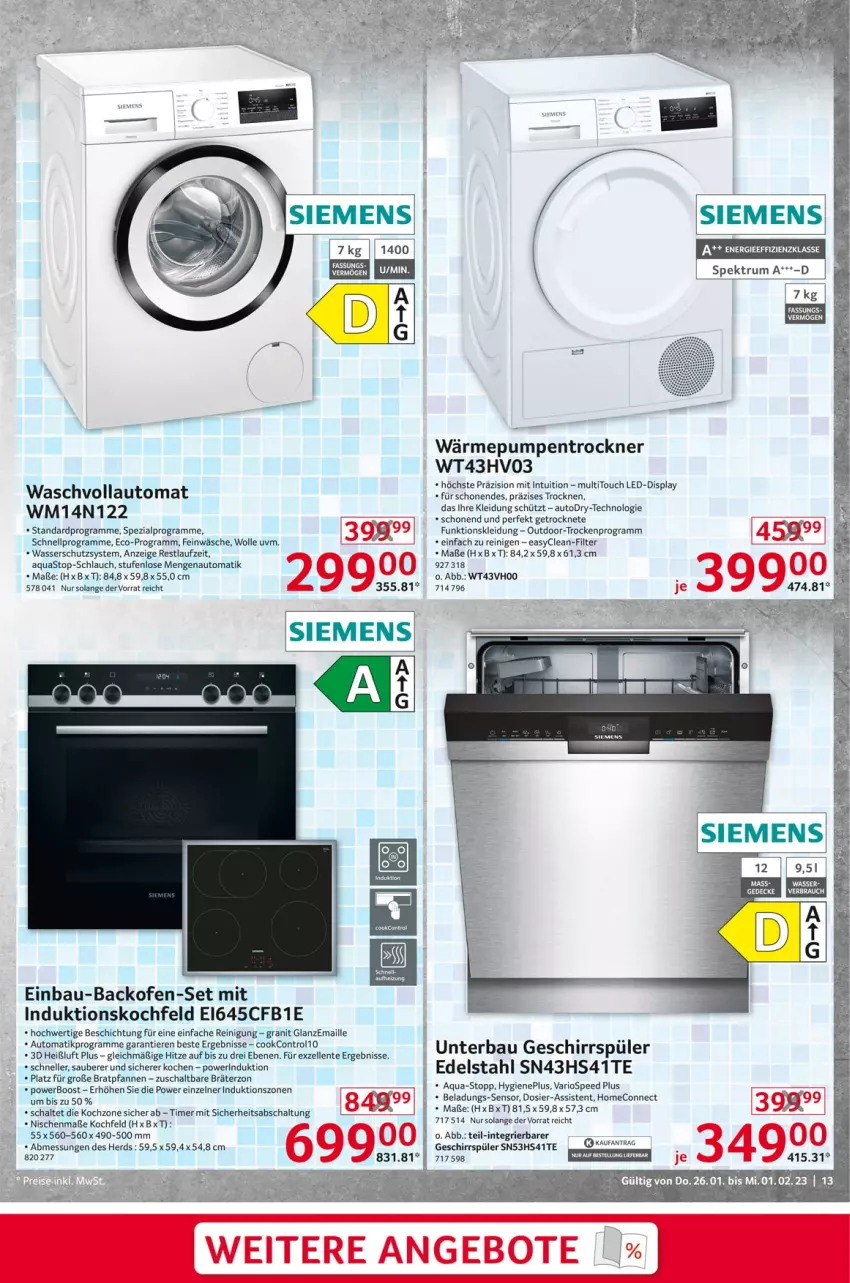 Aktueller Prospekt Selgros - Nonfood - von 26.01 bis 01.02.2023 - strona 13 - produkty: alpro, angebot, angebote, aqua, aquastop, auto, backofen, Bau, bratpfanne, edelstahl, eis, elle, ente, geschirr, geschirrspüler, induktionskochfeld, kleid, Kleidung, kochfeld, maille, Ofen, pfanne, pfannen, Reinigung, rind, Schal, schlauch, siemens, spee, Spezi, Ti, Tiere, timer, Trockner, wärmepumpentrockner, waschvollautomat, wasser, wolle