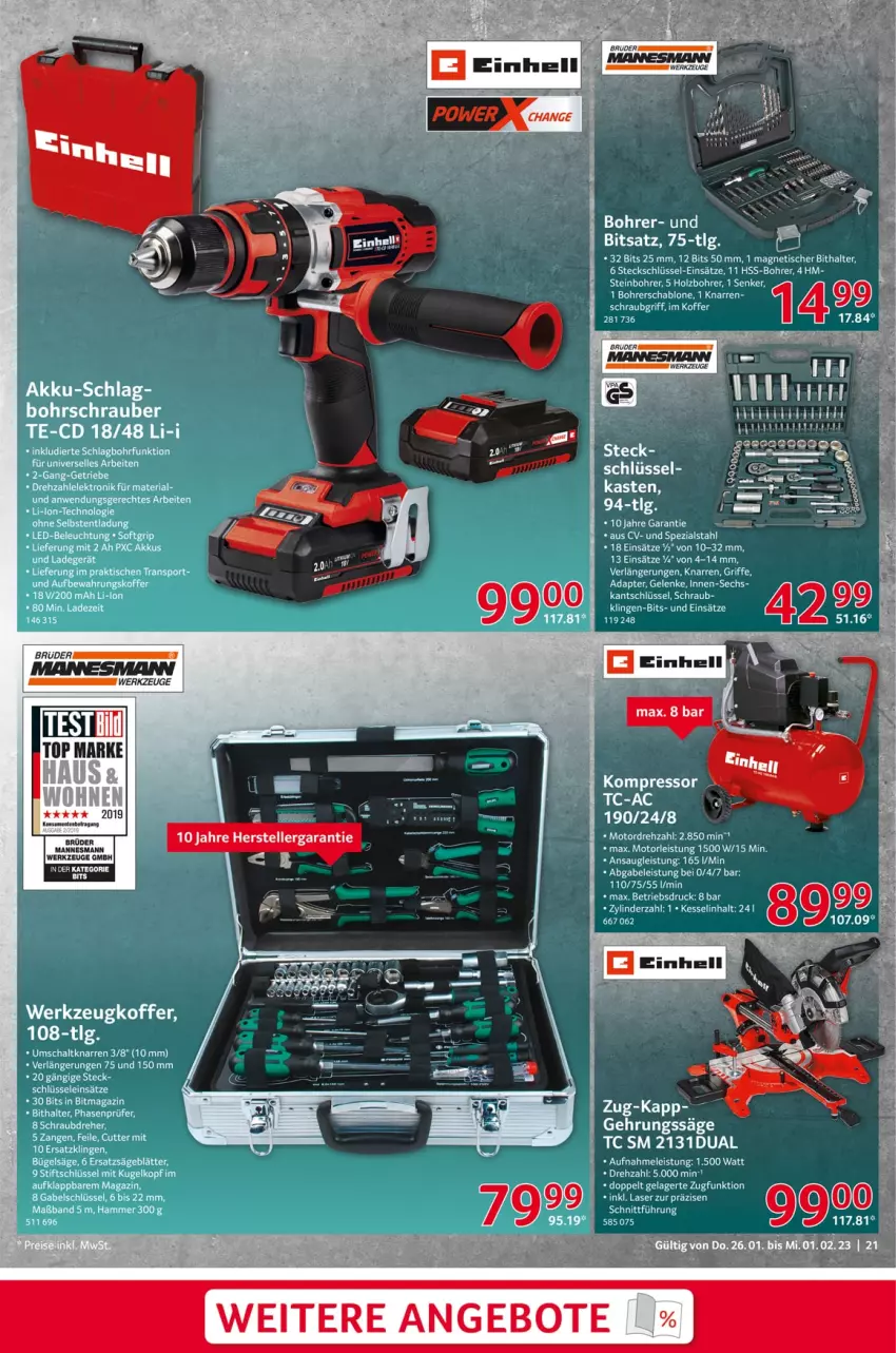 Aktueller Prospekt Selgros - Nonfood - von 26.01 bis 01.02.2023 - strona 21 - produkty: adapter, akku, aufbewahrungskoffer, Bohrschrauber, bügel, einhell, eis, elle, ente, gabel, Gehrungssäge, Holz, koffer, kompressor, Kugel, ladegerät, LG, magazin, mam, säge, Schal, Sport, tee, Ti, tisch, werkzeug, werkzeuge