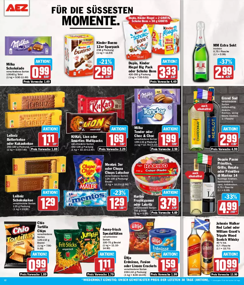 Aktueller Prospekt Aez - Prospekte - von 29.07 bis 03.08.2024 - strona 12 - produkty: alkohol, beutel, butter, butterkeks, chips, chupa, chupa chups, doppio passo, duplo, eis, ente, erdnüsse, flasche, frucht, fruchtgummi, funny-frisch, grand sud, Grant‘s, grill, grillo, haribo, johnnie walker, kakao, keks, kekse, Kinder, kinder bueno, kinder riegel, kitkat, Lakritz, leibniz, linsen, lion, Lutscher, mentos, milka, milka schokolade, mm extra, oder lakritz, passo, primitivo, reis, riegel, rosato, schoko, schokolade, scotch, scotch whisky, sekt, smarties, Spezi, tender, Ti, tortilla, Tortilla Chips, ültje, ültje erdnüsse, whisky, ZTE