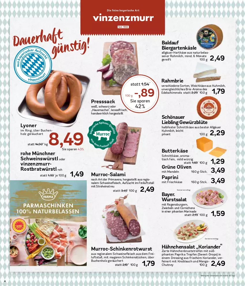 Aktueller Prospekt Aez - Prospekte - von 29.07 bis 03.08.2024 - strona 4 - produkty: auer, bier, Blüte, brie, buch, burger, butter, butterkäse, dressing, eis, frischkäse, Garten, gewürz, grüne oliven, hähnchenbrust, halbfester schnittkäse, hartkäse, Hausmacher, Holz, Käse, knoblauch, Koriander, LG, lyoner, mac, mandel, mandeln, mango, marinade, milch, mit knoblauch, natur, olive, oliven, paprika, presssack, regensburger, reifen, reis, Ria, ring, Rotwurst, sac, salami, salat, schinken, schnittkäse, schwein, schweine, Ti, tisch, weichkäse, wein, weine, wurst, Yo, ZTE, zwiebel, zwiebeln