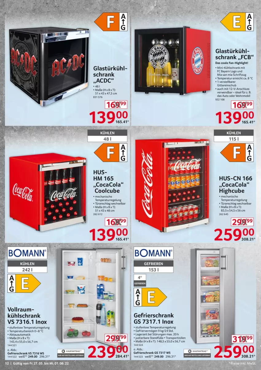 Aktueller Prospekt Selgros - Nonfood - von 27.05 bis 01.06.2022 - strona 12 - produkty: abtauautomatik, auto, bomann, cola, gefrierschrank, Glastür, kühlschrank, kühlschrank mit, rwe, Schrank, Schriftzug, Sport, Stier, Ti, türanschlag wechselbar