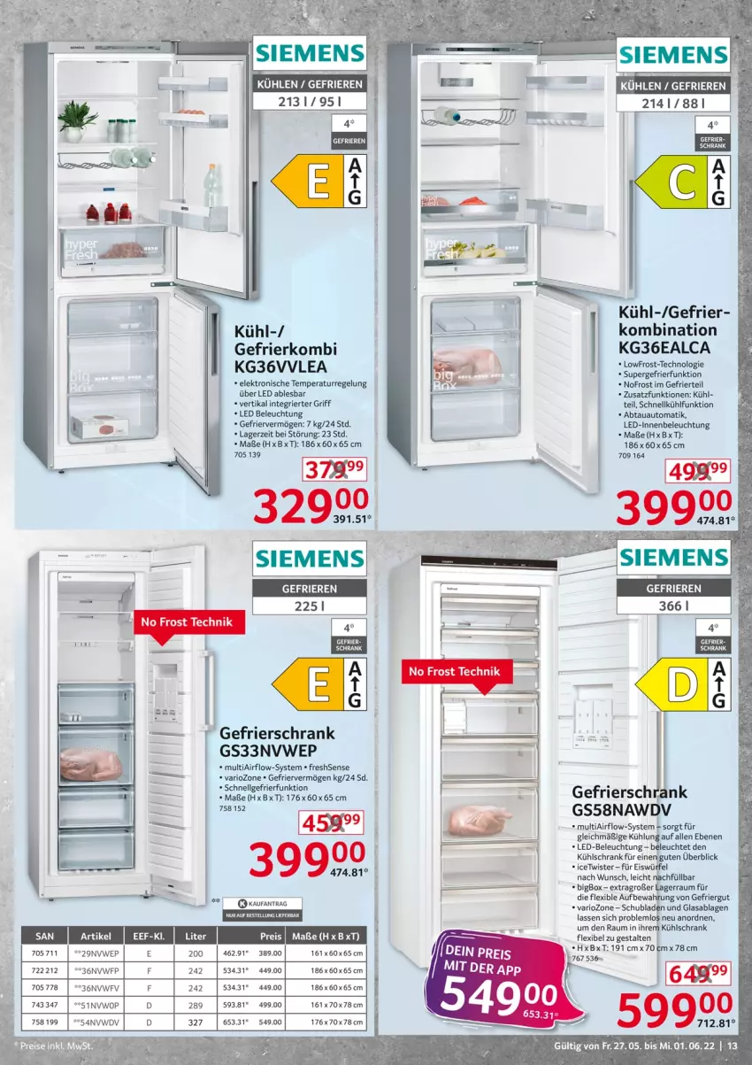 Aktueller Prospekt Selgros - Nonfood - von 27.05 bis 01.06.2022 - strona 13 - produkty: abtauautomatik, auto, beleuchtung, bett, eis, Elektro, gefrierschrank, kühlschrank, LG, Schrank, siemens, supergefrierfunktion, Ti