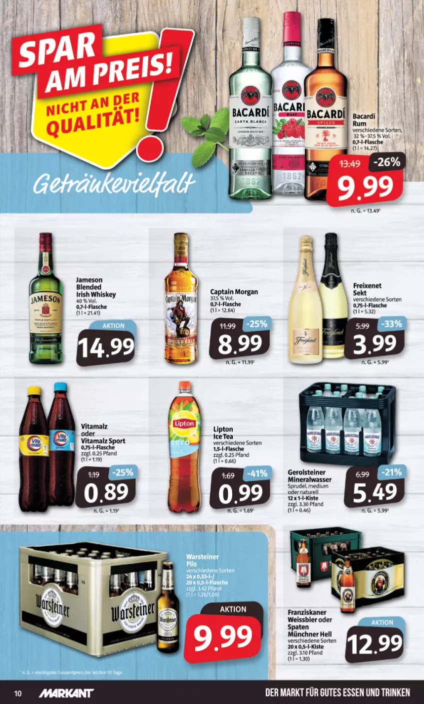 Aktueller Prospekt Markant - Prospekte - von 30.01 bis 04.02.2023 - strona 10 - produkty: Alwa, bacardi, bier, Cap, captain morgan, eis, flasche, franziskaner, freixenet, gerolsteine, gerolsteiner, gutes essen, ice tea, jameson, lipton, malz, mineralwasser, natur, rel, rum, sekt, Spaten, Sport, Sprudel, steiner, vita, vitamalz, wasser, weissbier