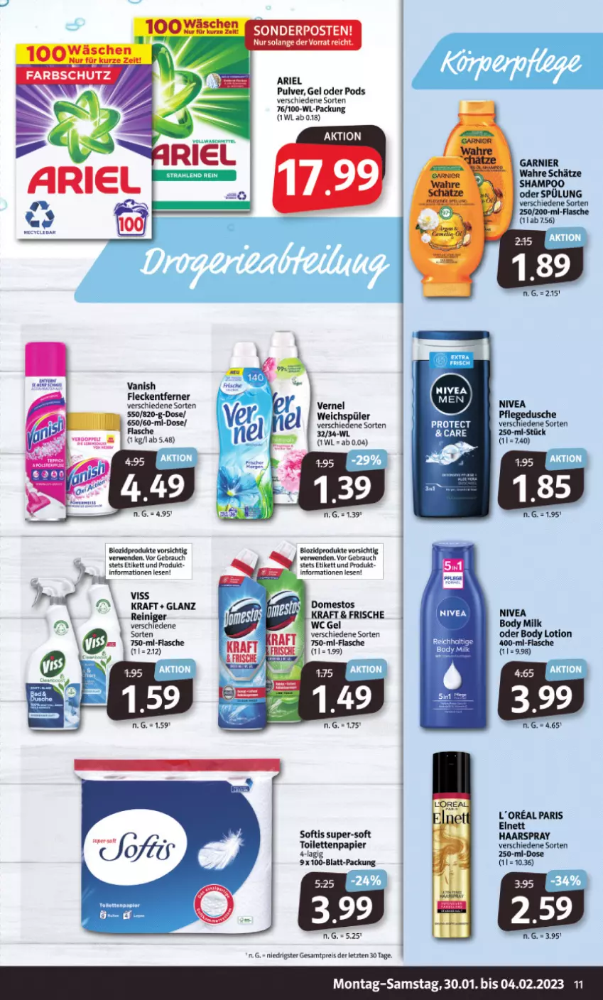 Aktueller Prospekt Markant - Prospekte - von 30.01 bis 04.02.2023 - strona 11 - produkty: ariel, bio, biozidprodukte, body, body lotion, body milk, domestos, dusche, eier, eis, elnett, flasche, fleckentferner, garnier, haarspray, kraft, LG, Lotion, nivea, papier, pflegedusche, Pods, Rauch, reiniger, reis, rwe, shampoo, shampoo oder spülung, sonderposten, spülung, Ti, toilettenpapier, vanish, vernel, Wahre Schätze, weichspüler, ZTE