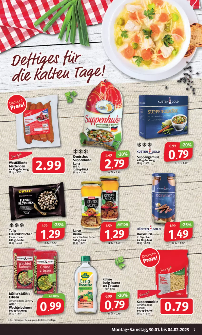 Aktueller Prospekt Markant - Prospekte - von 30.01 bis 04.02.2023 - strona 7 - produkty: beutel, bockwurst, bohne, bohnen, Brühe, eis, erbsen, essig, flasche, fleisch, Kühne, Mett, metten, Mettenden, Müller, nudel, nudeln, reis, suppe, suppen, Suppenhuhn, tulip, wurst, ZTE