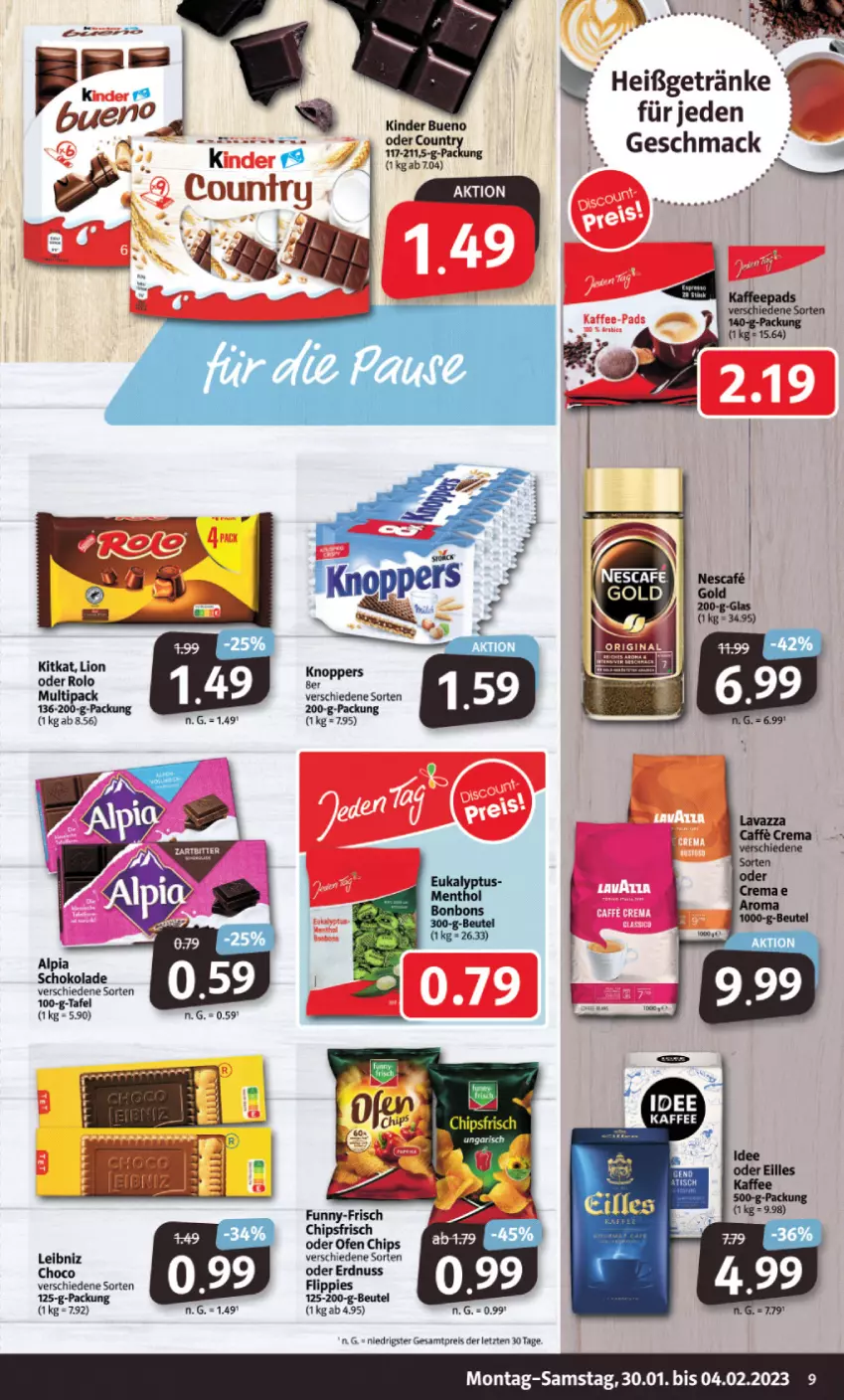 Aktueller Prospekt Markant - Prospekte - von 30.01 bis 04.02.2023 - strona 9 - produkty: beutel, chips, chipsfrisch, eis, erdnuss, flippies, funny-frisch, getränk, getränke, Kinder, kinder bueno, kitkat, leibniz, lion, mac, nuss, Ofen, reis, schoko, schokolade, Ti, ZTE